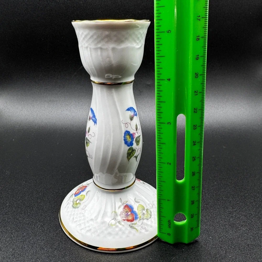 Hollohaza Hungary Hajnalka Porcelain Candlestick Floral Gold Trim Cottagecore